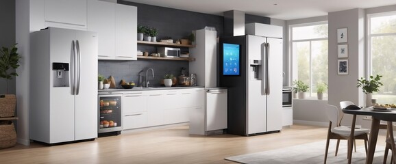 smart home filled with various connected devices and appliances AI, such as smart refrigerators, coffee makers, and ovens, all communicating with each other to simplify everyday tasks and enhance