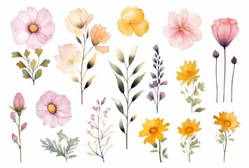 Watercolor Painting of Delicate Flowers and Botanical Elements