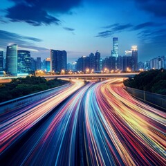 Obraz premium City skyline with bustling traffic trails, dynamic urban traffic, streaks of light