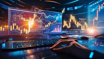 Obraz premium A dynamic image of a financial trading platform in a futuristic setting, with glowing charts, graphs, and a flowing data stream. The focus should be on the innovation and success of online trading