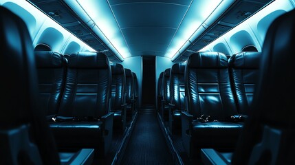 Fototapeta premium Empty airplane cabin seats with black leather seats and white overhead lighting.