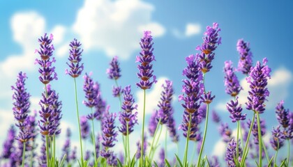 Fototapeta premium Lavender flowers bloom under a bright blue sky