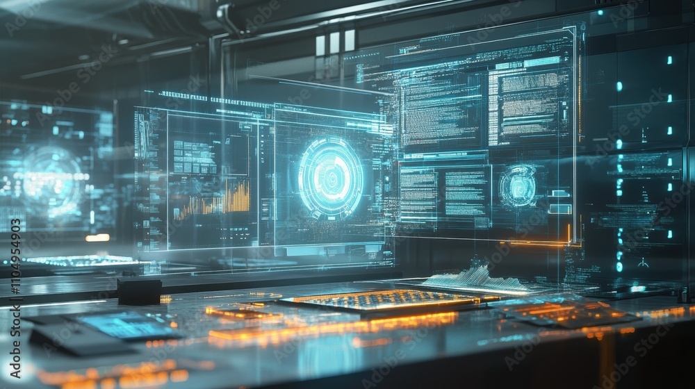 Poster futuristic digital workstation displays complex data analysis
