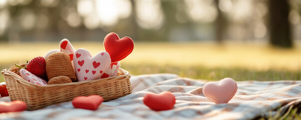 A romantic picnic setup with heart-themed decorations and treats in a serene park setting.