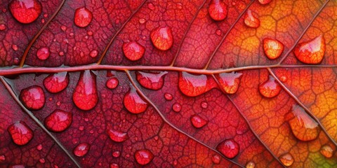 Fototapeta premium Beads of water glistening Leaf with sharp veins A det