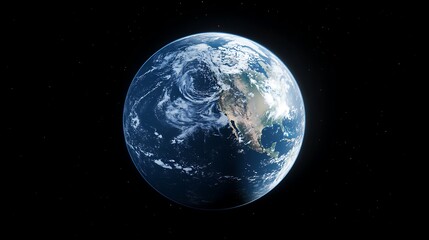 View of Earth from outer space with blue oceans and green continents. Black sky.