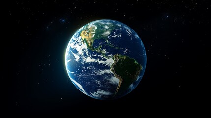 Earth with blue oceans, white clouds, and green continents. Black sky outer space image.