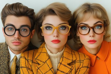 Adults enjoying retro-themed print advertisements, evoking nostalgia and timeless appeal.