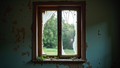 Fototapeta premium Window with cracked pane, Dirty window on wall, Webs of broken glass, C