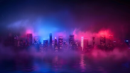 Naklejka premium Neon Cityscape Reflected In Misty Water At Night
