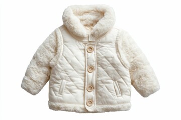 Cream quilted coat, faux fur trim, button closure.
