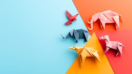 Colorful origami animals on a blue and orange background.