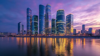 Naklejka premium A stunning cityscape with tall skyscrapers reflected in a calm river at sunset.