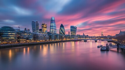 Fototapeta premium A view of the London skyline at dusk, showcasing the River Thames and modern buildings.