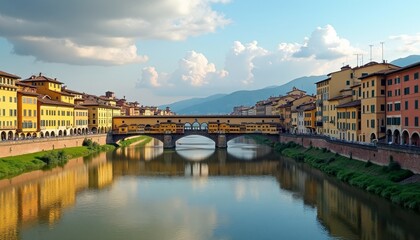 Obraz premium Colorful buildings line the riverfront in this picturesque cityscape