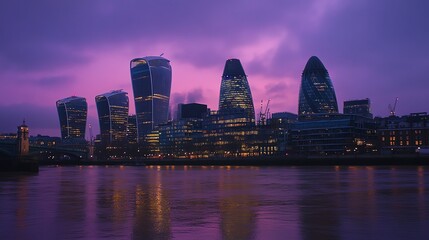 A view of the London skyline at dusk, showcasing the River Thames and modern buildings.