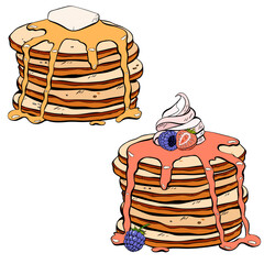 Indulge in a Delicious Stack of Pancakes, Generously Topped with Syrup and Fresh Berries. Vector 