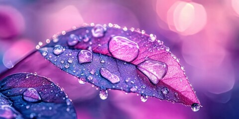 Crystallized water droplets Leaf in a close-up A deta