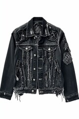 Naklejka premium Black denim jacket, distressed, embellished, embroidered details.