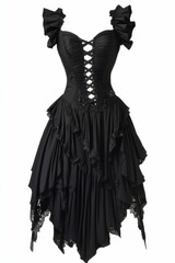 Fototapeta premium Black ruffled dress, lace accents, corset bodice.