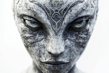 Obraz premium Stone-like face, intense gaze, ornate markings.