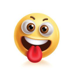Goofy emoji clipart 3d character. Silly emoji character in naughty, crazy, fun, happy, joking, humor and funny facial expression yellow graphic element. Vector illustration goofy emoticon clip art.   