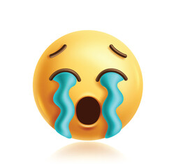 Sob emoji clipart 3d character. Emoji face crying, sad, scream, tear drop, grief, sorrow, unhappy and sorrow facial expression yellow icon graphic element. Vector illustration sob emoticon clip art.  