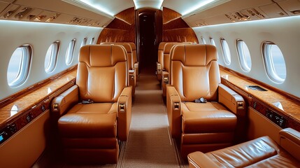 Fototapeta premium Empty airplane cabin seats with brown leather seats and white overhead lighting.