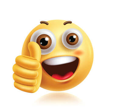 Naklejki Approved emoji clipart 3d character. Thumbs up emoji character in hand finger, like, cool, ok sign, good, joyful and confident facial expression. Vector illustration approved emoticon clip art.  