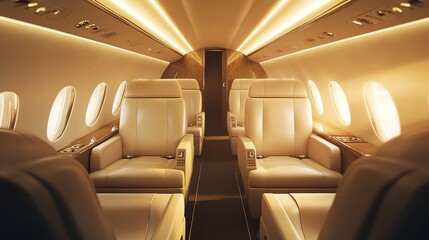 Fototapeta premium Empty airplane cabin seats with brown leather seats and white overhead lighting.