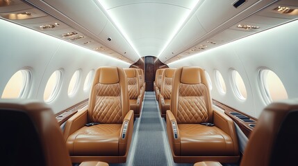Fototapeta premium A luxurious private jet interior with brown leather seats.
