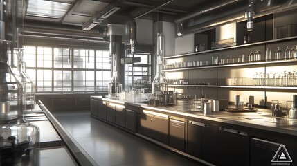 Obraz premium Empty research laboratory with sterile white walls and stainless steel tables. The absence of activity symbolizes potential and the promise of future discoveries.