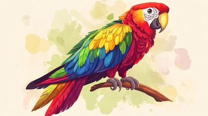 A colorful parrot perched on a branch against a watercolor background.