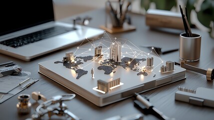 Digital connections concept with 3D global network on office desk.