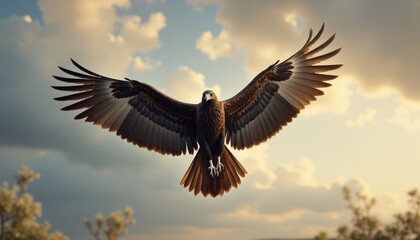 Obraz premium A golden eagle flying with its wings spread wide in the sky