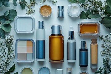 An LED facial device with serums and creams arranged , highlighting tech-enabled skincare.