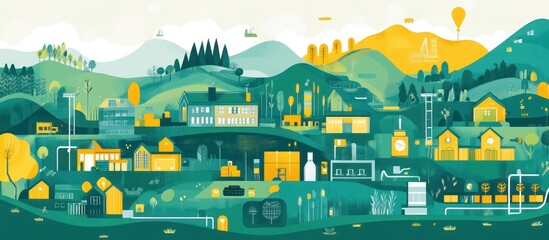 Fototapeta premium An illustrated cityscape nestled amidst rolling hills and lush greenery, featuring houses, trees, and a vibrant blue sky.