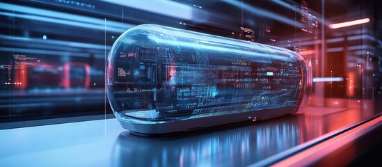 A futuristic, transparent capsule containing glowing circuitry and data lines in a high-tech environment with red and blue lights.