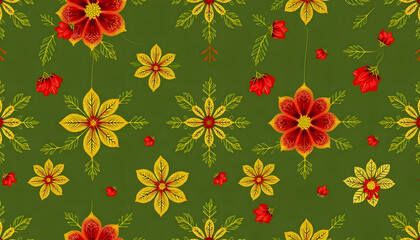 Fototapeta premium Vibrant floral pattern featuring red and yellow flowers on a green background 