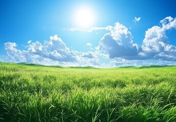 Obraz premium Beautiful grassy fields and summer blue sky with fluffy white clouds in the wind. Anime Background 