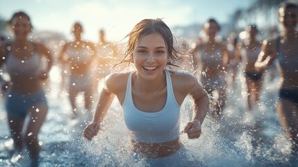 Obraz premium A blonde woman joyfully splashes through the water on a sunny beach, highlighting the vibrant energy and carefree vibe ideal for summer vacation or fitness branding.