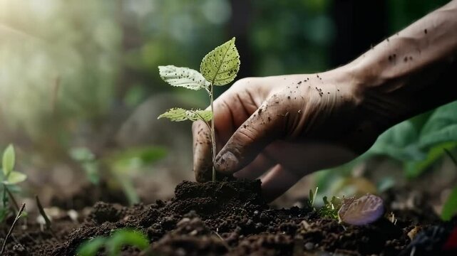 Hand for planting trees back to the forest. Creating awareness for love wild. Wild plant concept.  - Powered by Adobe