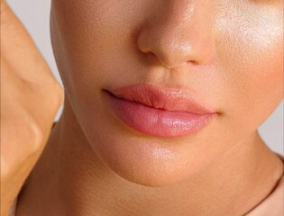 Close up of beautiful young woman's face with youthful smooth skin, makeup and lipstick with light background 