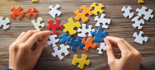 Colorful Jigsaw Puzzle Pieces Being Assembled on a Wooden Table