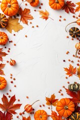Fall background with orange pumpkins and fall leaves on a light surface