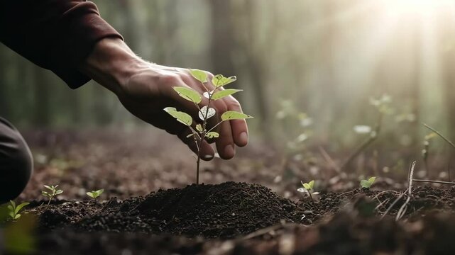 Hand for planting trees back to the forest. Creating awareness for love wild. Wild plant concept. 
