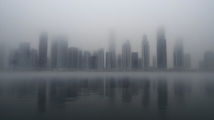 Naklejka premium Fog Shrouds Modern City Skyline Reflected In Water
