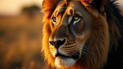Fototapeta premium A powerful close-up portrait of a lion, focusing on its golden eyes, strong jawline, and detailed mane. The background is softly blurred, enhancing the lion's majestic presence.