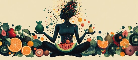 Woman meditating in a lotus position surrounded by various fruits and vegetables.