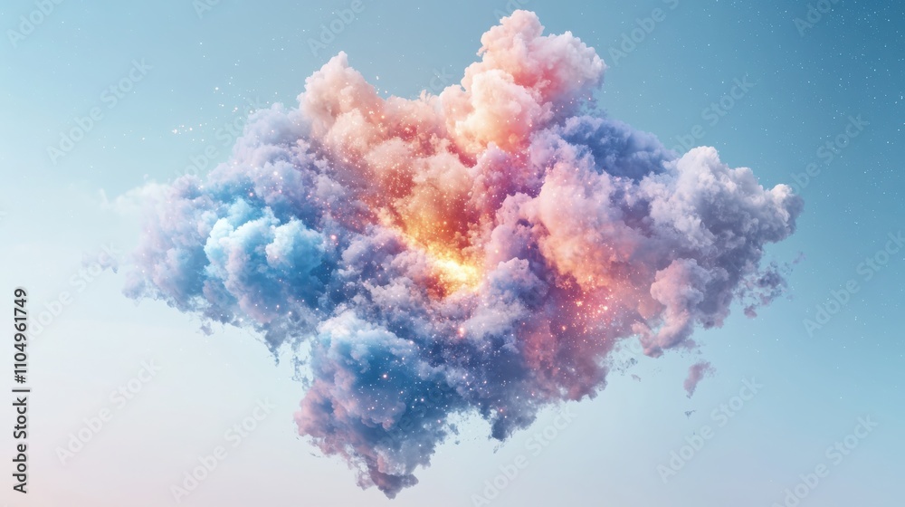 Poster visualizing atmospheric data cloud formations illustrating complex mathematical algorithms in a soft